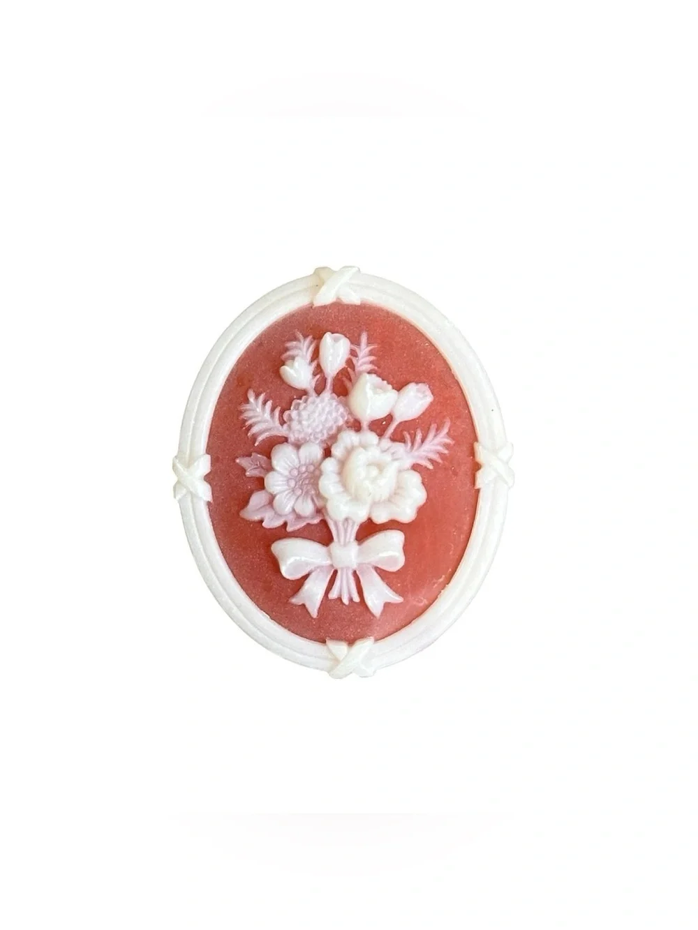 Avon Floral Cameo Brooch Pin Pink White Flowers Bow Oval 1 ½”